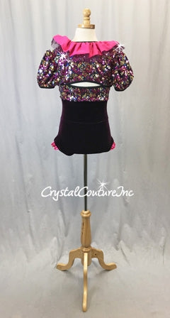 Fuchsia/Gold Sequin/Velour 2-Piece Biketard w/Cropped Bolero Jacket - Swarovski Rhinestones