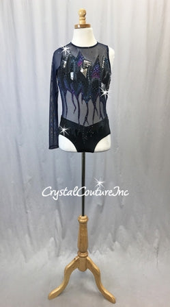 Custom Hand painted Navy Mesh & Black Lycra Leotard - Swarovski Rhinestones