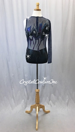 Custom Hand painted Navy Mesh & Black Lycra Leotard - Swarovski Rhinestones