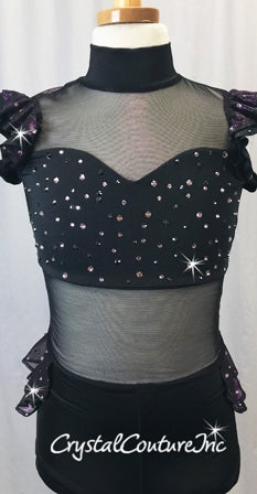 Black Lycra and Purple Mesh Biketard w/Back Skirt -Swarovski Rhinestones