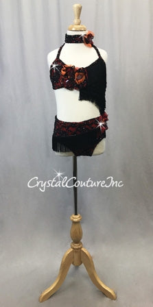 Black and Red Connected 2 pc Halter Top and Brief/Back Skirt- Swarovski Rhinestones