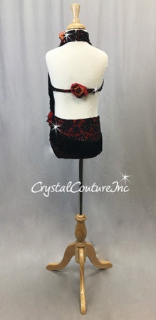 Black and Red Connected 2 pc Halter Top and Brief/Back Skirt- Swarovski Rhinestones