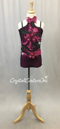 Dark pink handmade outlet rhinestoned appliqué velvet and sheer dance costume