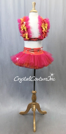 Pink, Orange, Yellow 2pc Crop-top and Tulle Skirt - Swarovski Rhinestone
