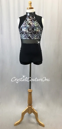 Black & Silver Geometric Print Metallic Lycra Biketard - Rhinestones