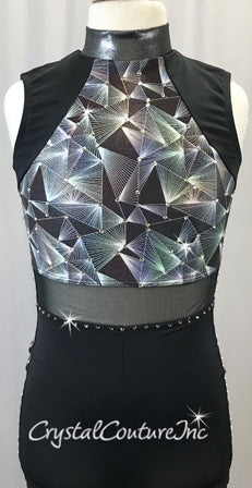 Black & Silver Geometric Print Metallic Lycra Biketard - Rhinestones