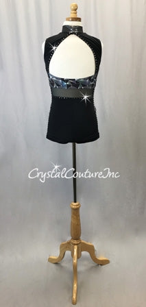 Black & Silver Geometric Print Metallic Lycra Biketard - Rhinestones