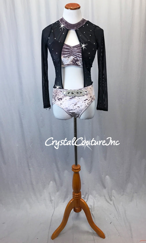 Lilac Crushed Velour and Black Mesh Connected 2-Piece w/Rhinestone Applique - Swarovski Rhinestones