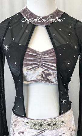 Lilac Crushed Velour and Black Mesh Connected 2-Piece w/Rhinestone Applique - Swarovski Rhinestones