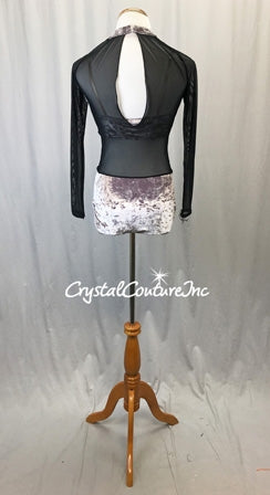 Lilac Crushed Velour and Black Mesh Connected 2-Piece w/Rhinestone Applique - Swarovski Rhinestones
