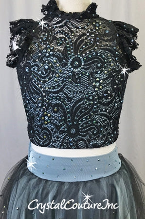 Slate Blue Lycra and Black Lace Top with Tulle/Lycra Skirt - Rhinestones