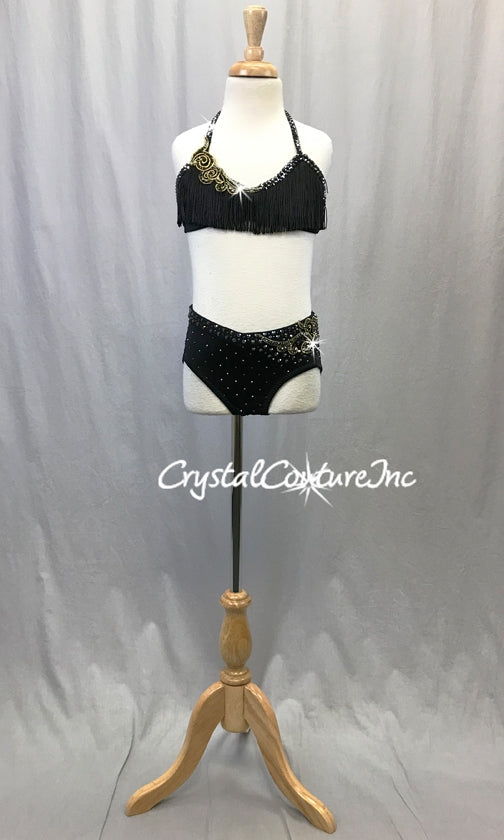 Black 2 pc Halter-top and Black Brief w/appliques - Swarovski Rhinestones
