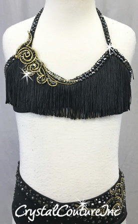 Black 2 pc Halter-top and Black Brief w/appliques - Swarovski Rhinestones