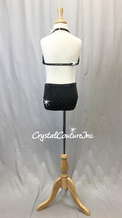 Black 2 pc Halter-top and Black Brief w/appliques - Swarovski Rhinestones
