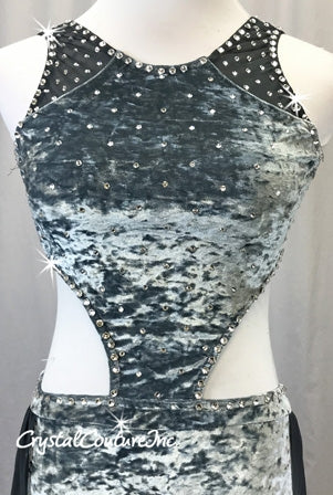 Slate Gray Stretch Velour and Charcoal Mesh Connected 2-Piece - Swarovski Rhinestones