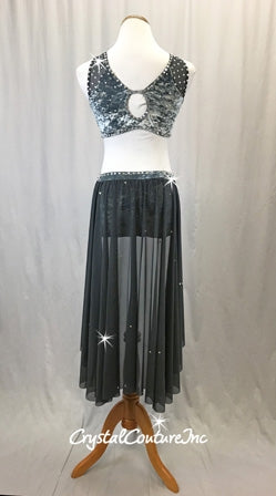 Slate Gray Stretch Velour and Charcoal Mesh Connected 2-Piece - Swarovski Rhinestones