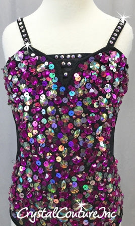 Black Lycra Leotard w/Sewn On Fuchsia/Pink Sequins and Rhinestones - Swarovski Rhinestones
