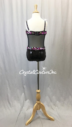 Black Lycra Leotard w/Sewn On Fuchsia/Pink Sequins and Rhinestones - Swarovski Rhinestones