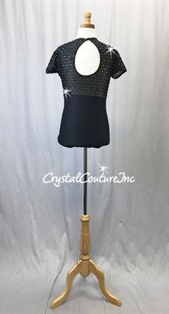 Black Cap Sleeve Leotard with Sheer Diamond Pattern Neckline - Rhinestones