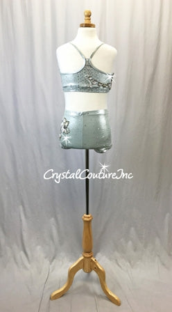 Shimmery Lt Grey Top and Boy-Cut Short with Beaded Appliques - Swarovski Rhinestones