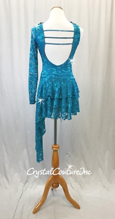 Teal Blue Open Net Lace One-sleeved Dress with Separate Trunk - Swarovski Rhinestones