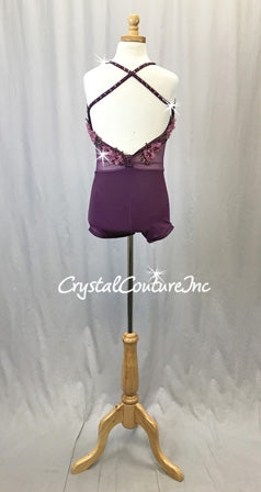 Plum Mesh/Lycra Biketard w/Beaded Floral Appliques - Swarovski Rhinestones