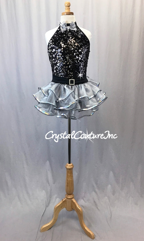 Black & Silver Halter Dress with Ruffled Skirt - Swarovski Rhinestones