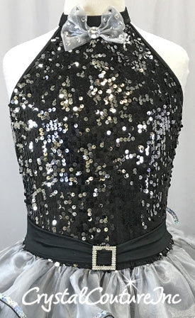 Black & Silver Halter Dress with Ruffled Skirt - Swarovski Rhinestones