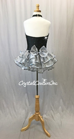Black & Silver Halter Dress with Ruffled Skirt - Swarovski Rhinestones