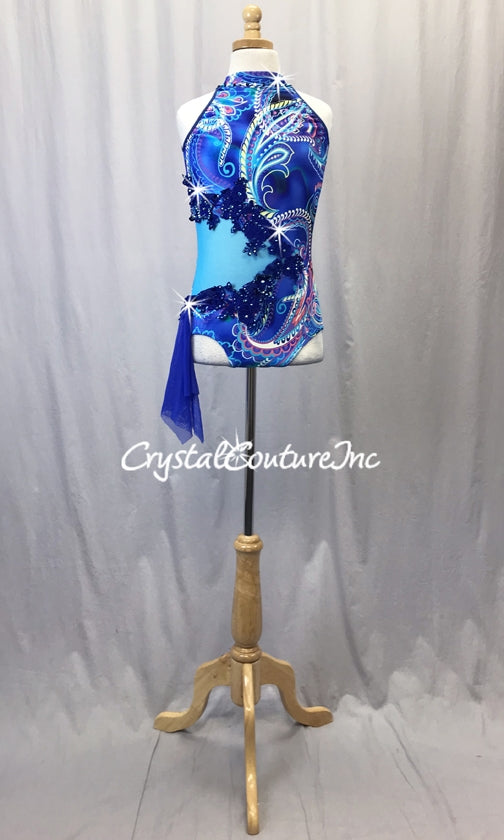Royal Blue Paisley Print Leotard with Teal Blue Sheer Mesh - Rhinestones