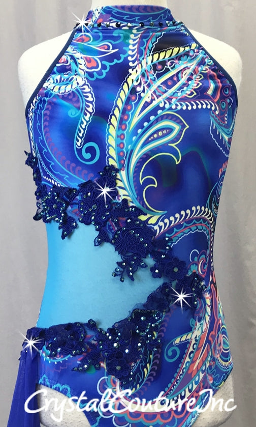 Royal Blue Paisley Print Leotard with Teal Blue Sheer Mesh - Rhinestones
