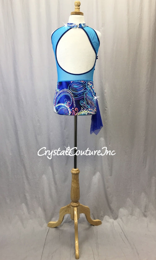 Royal Blue Paisley Print Leotard with Teal Blue Sheer Mesh - Rhinestones