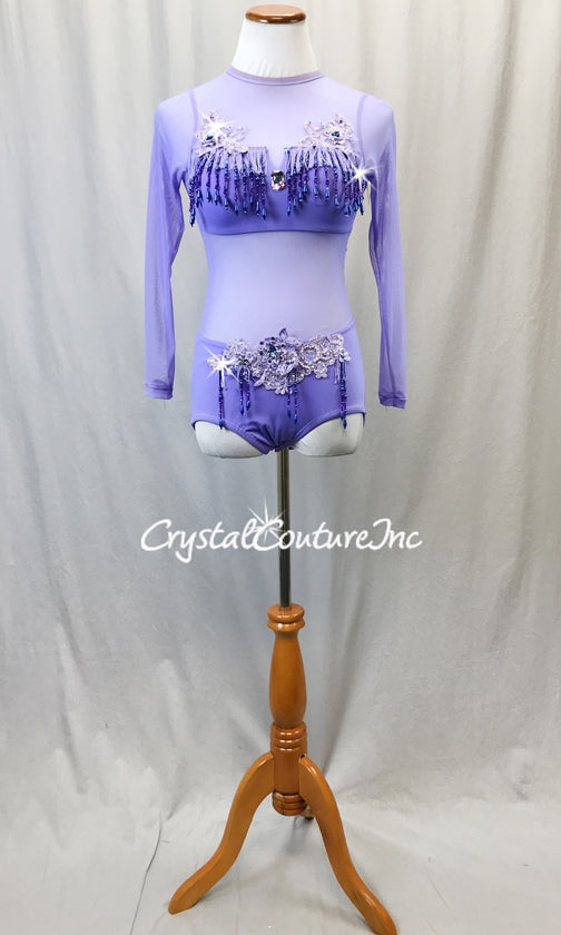 Purple Leotard with Mesh Long Sleeves - Swarovski Rhinestones