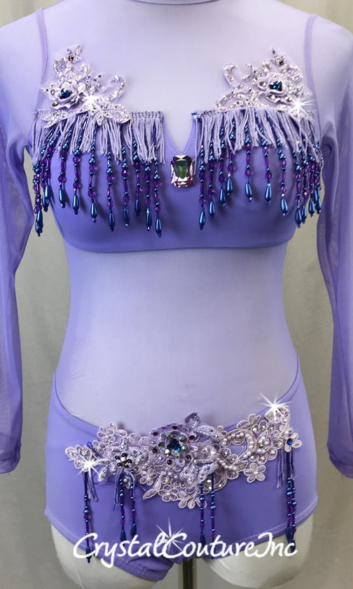 Purple Leotard with Mesh Long Sleeves - Swarovski Rhinestones