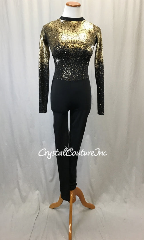 Black Lycra Unitard w/Gold Metallic Speckle Print - Swarovski Rhinestones