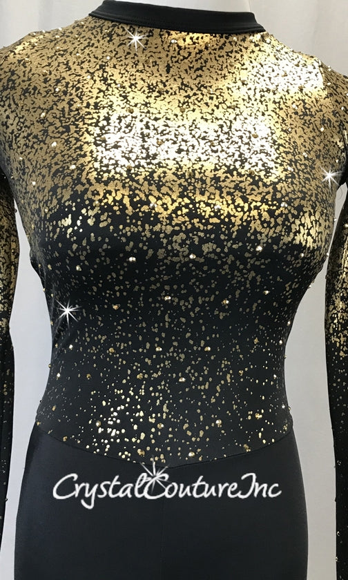Black Lycra Unitard w/Gold Metallic Speckle Print - Swarovski Rhinestones