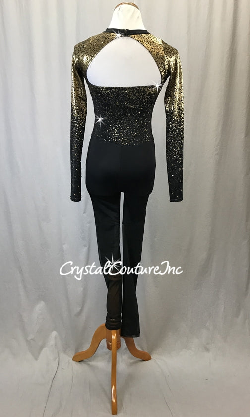 Black Lycra Unitard w/Gold Metallic Speckle Print - Swarovski Rhinestones