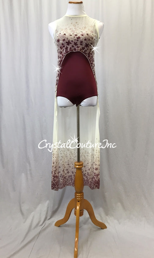 Burgundy Leotard with Nude Patterned Mesh High-low Dress - Rhinestones