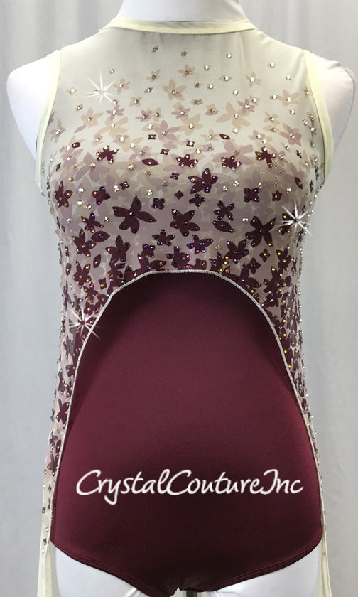 Burgundy Leotard with Nude Patterned Mesh High-low Dress - Rhinestones