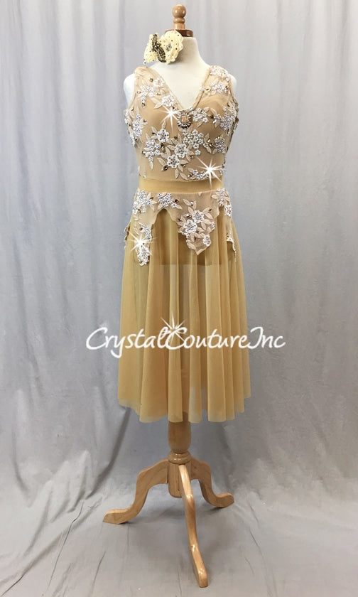 Gold Sheer Mesh Dress with Leotard - Embroidered Appliques - Swarovski Rhinestones