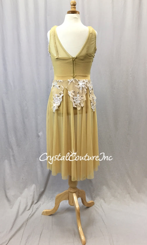 Gold Sheer Mesh Dress with Leotard - Embroidered Appliques - Swarovski Rhinestones