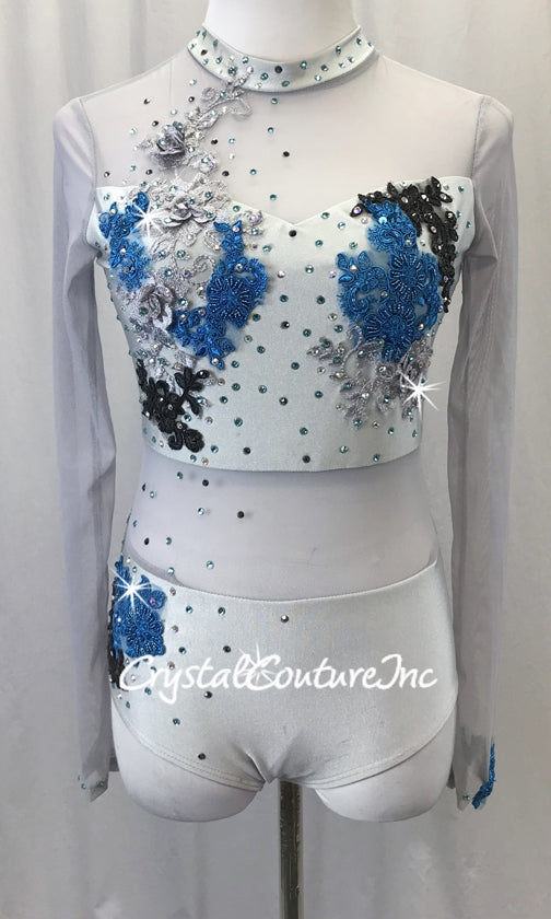 Light Gray Lycra & Sheer Mesh Long Sleeve Leotard - Appliques & Rhinestones