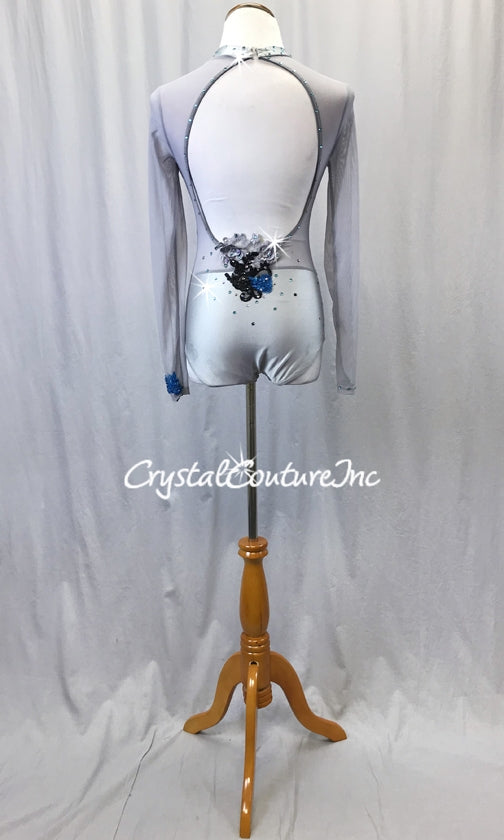 Light Gray Lycra & Sheer Mesh Long Sleeve Leotard - Appliques & Rhinestones