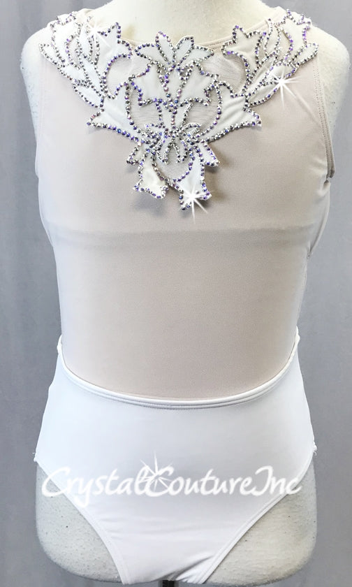 White Sheer Mesh and Lycra Leotard - Appliques - Swarovski Rhinestones