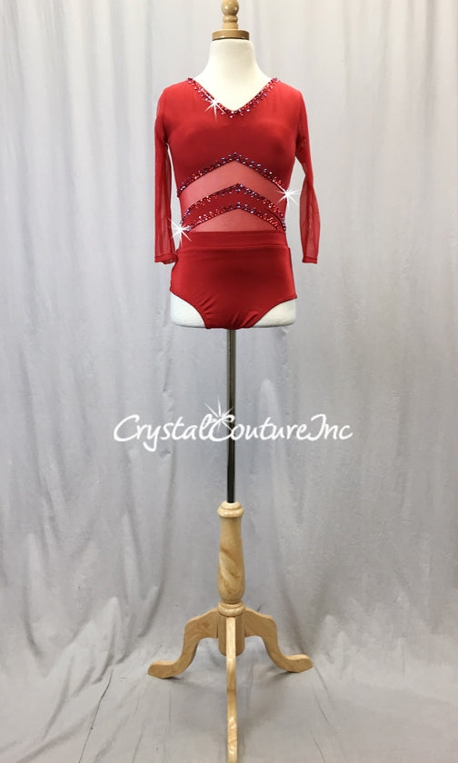 Red Lycra and Sheer Mesh Leotard with Diagonal Insets - Swarovski Rhinestones
