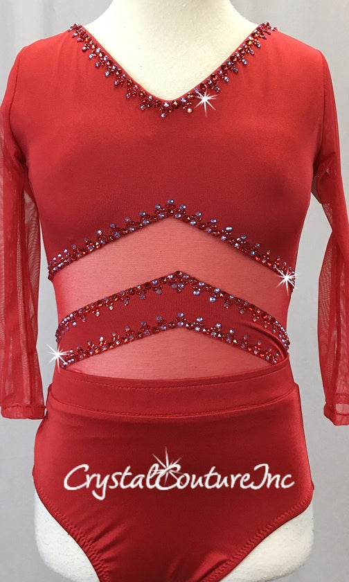 Red Lycra and Sheer Mesh Leotard with Diagonal Insets - Swarovski Rhinestones