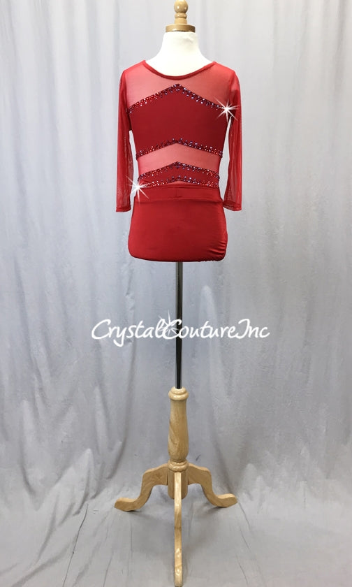 Red Lycra and Sheer Mesh Leotard with Diagonal Insets - Swarovski Rhinestones