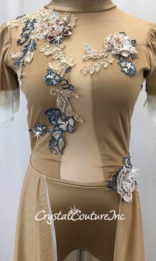 Custom Mocha Brown Mesh Biketard w/Half Skirt - Bronze/Blue Appliques & Swarovski Rhinestones
