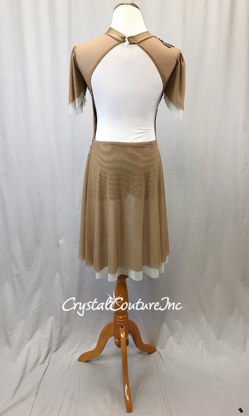 Custom Mocha Brown Mesh Biketard w/Half Skirt - Bronze/Blue Appliques & Swarovski Rhinestones
