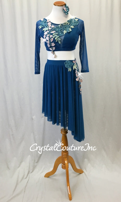 Teal Mesh 2-Piece Long Sleeve Crop Top and High-Low Skirt w/Teal and Pink Floral Appliques - Swarovski Rhinestones